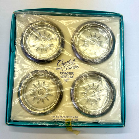 VINTAGE CRYSTAL & SILVER COASTER ASHTRAY SET BY W & S BLACKINTON COMPANY - Picture 1 of 5